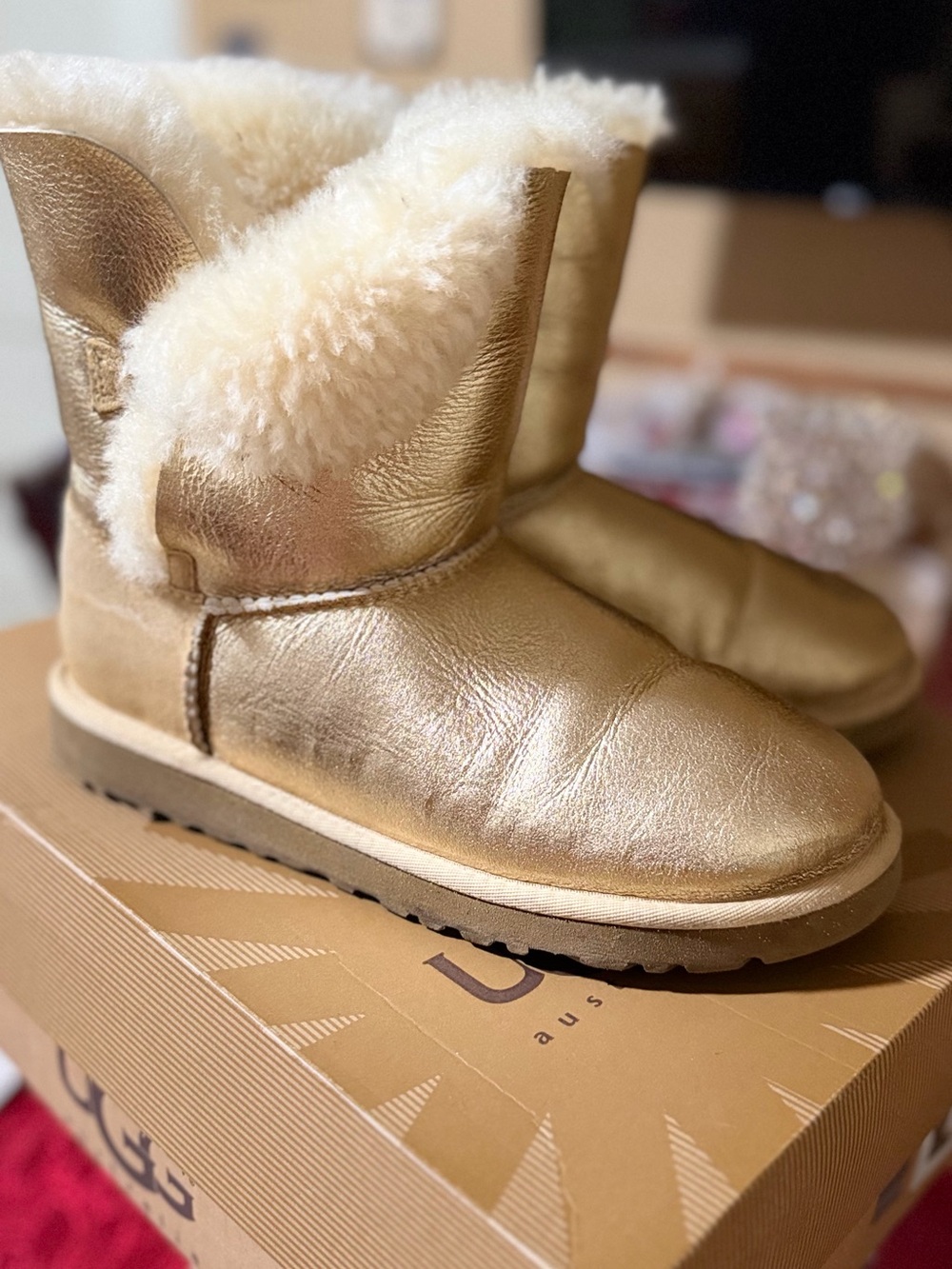 UGG Metallic Gold Short Shearling Slippers